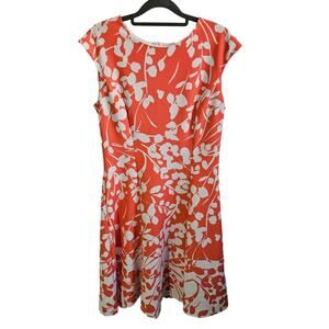 Adorne Women's 10 Cap Sleeve Sheath Dress Peach Orange Leaf Print Summer Midi